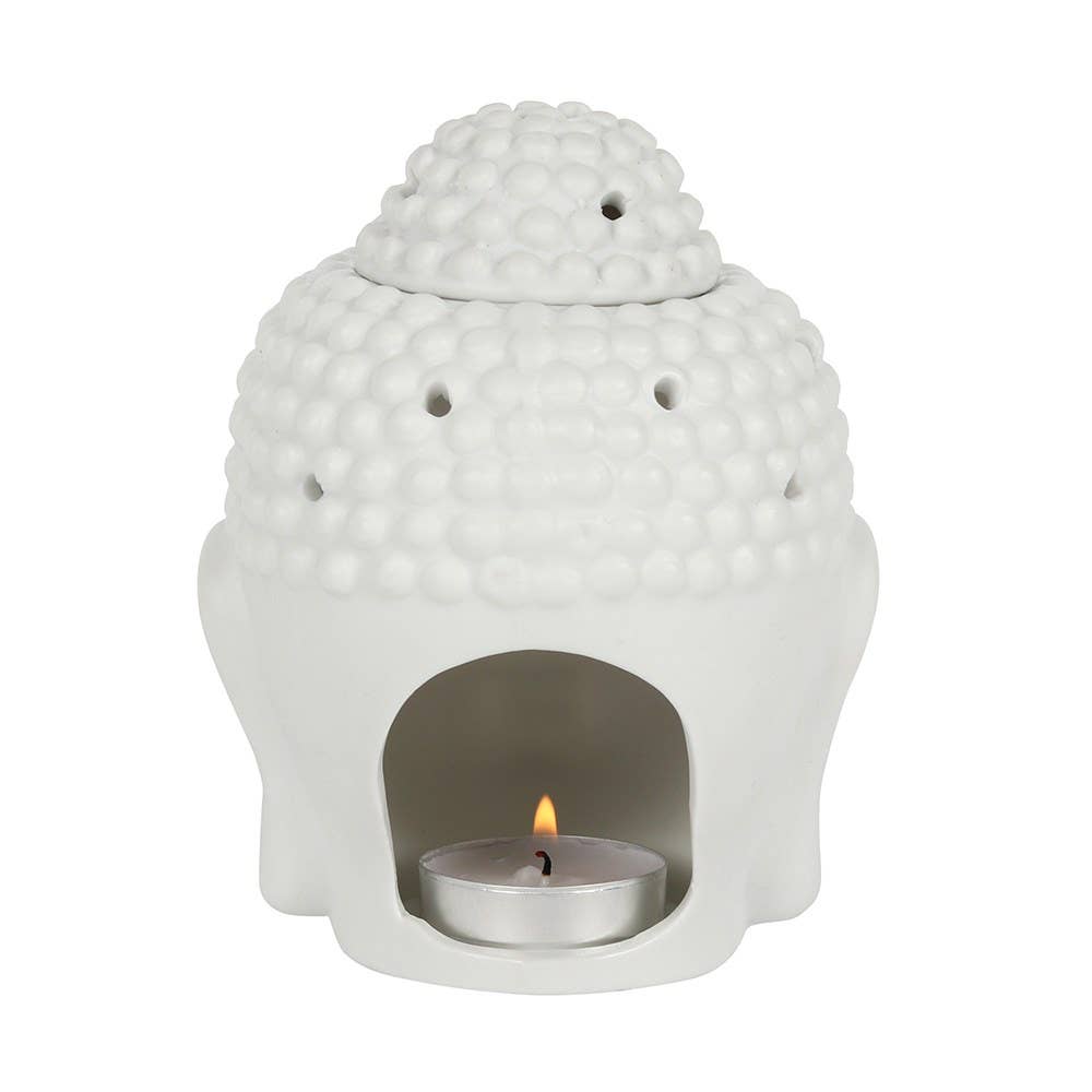 White Buddha Head Oil Burner and Wax Warmer with Detailed Features