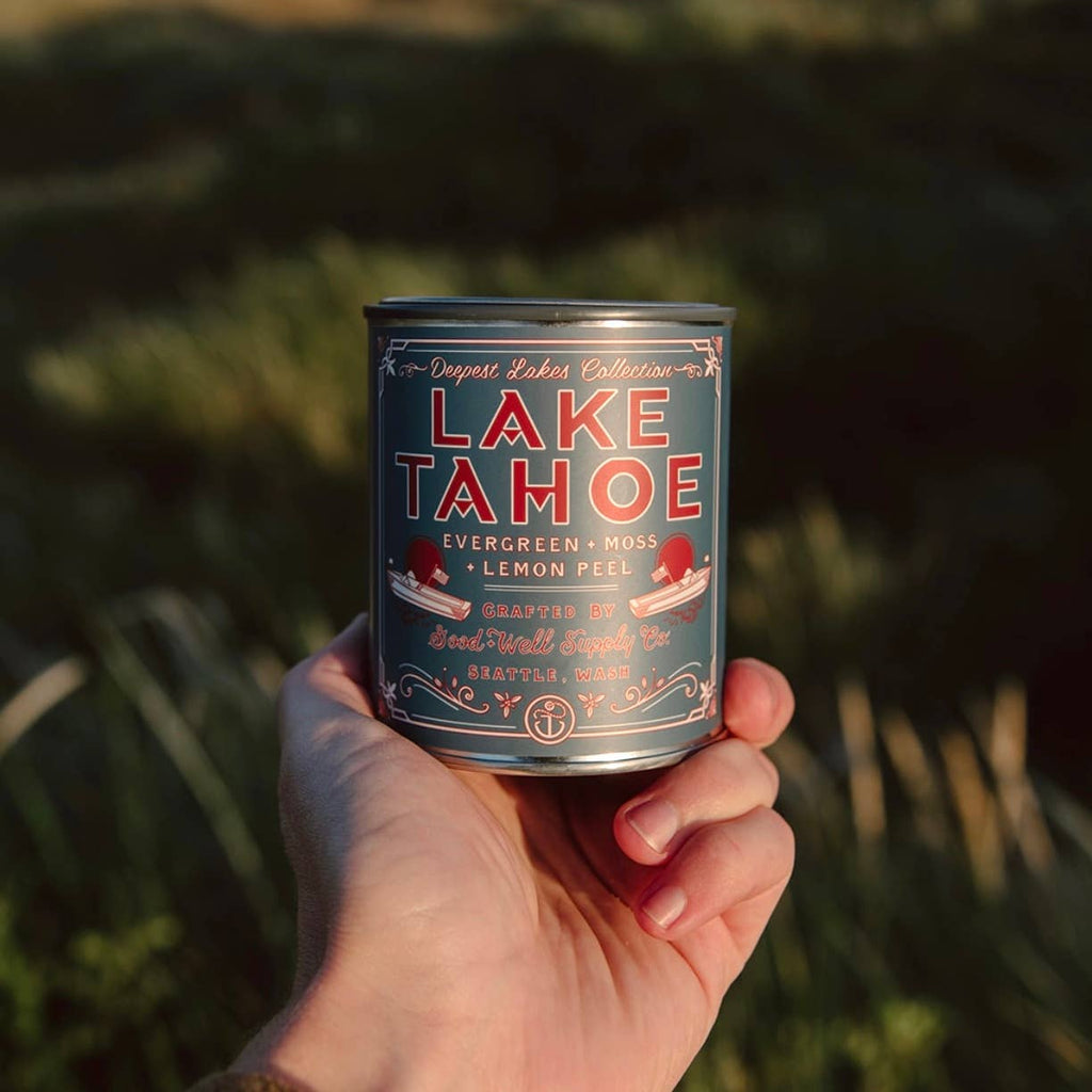 Lake Tahoe Candle: Handcrafted organic soy wax candle emitting a serene glow, epitome of natural tranquility.