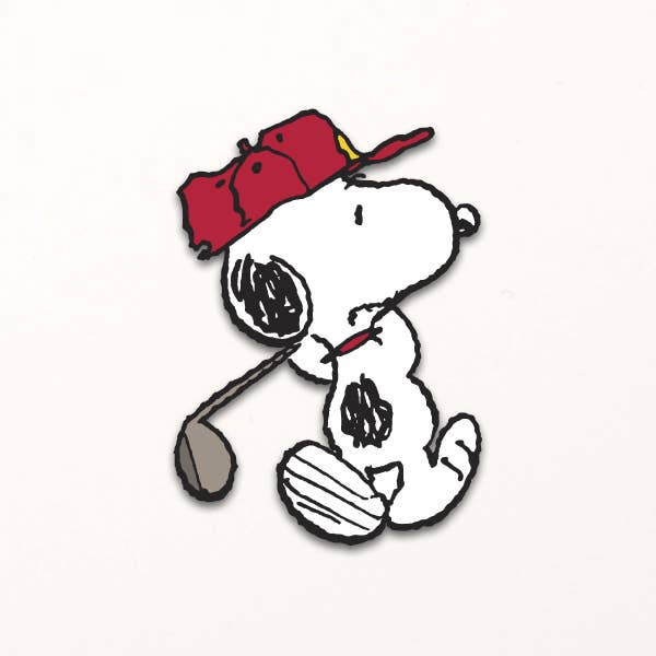 Enamel pin of Snoopy wearing a red cap and holding a golf club, perfect for Peanuts and golf lovers.