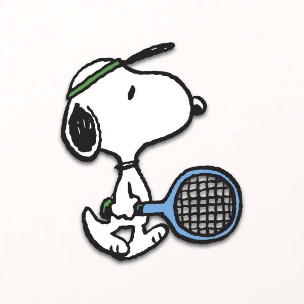 Enamel pin of Snoopy wearing a visor and holding a blue tennis racket, ideal for Peanuts and tennis fans.