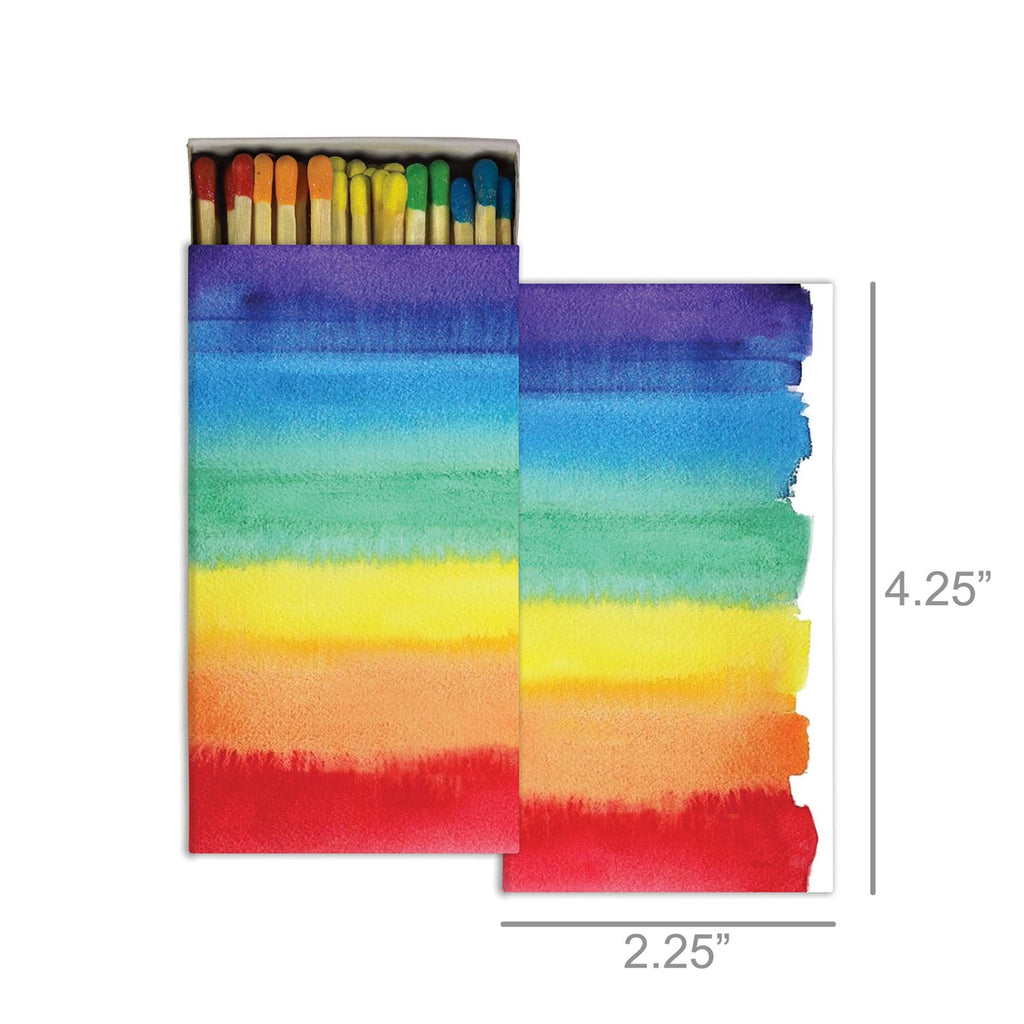 Matchbox featuring a vibrant rainbow watercolor gradient design.