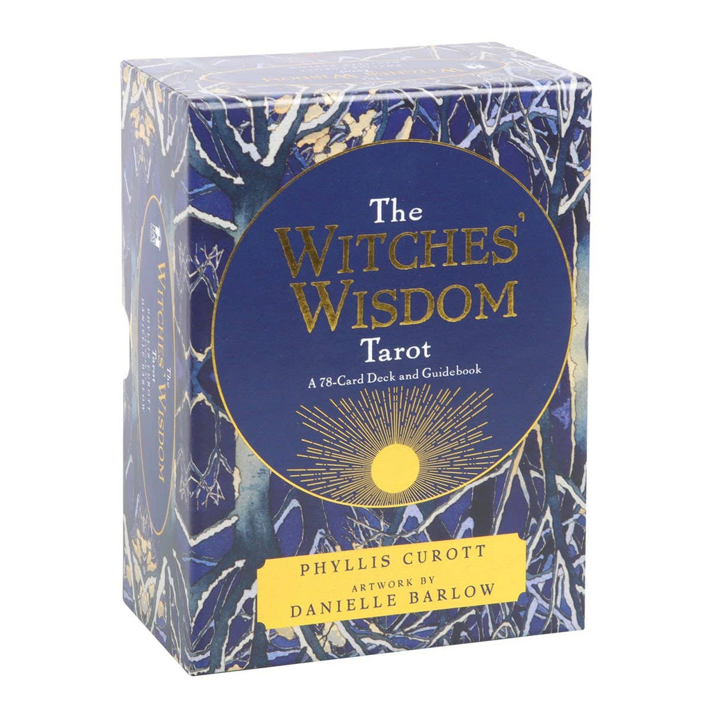 The Witches' Wisdom Tarot deck box featuring mystical blue and gold artwork with branches, a golden sunburst, and bold lettering.