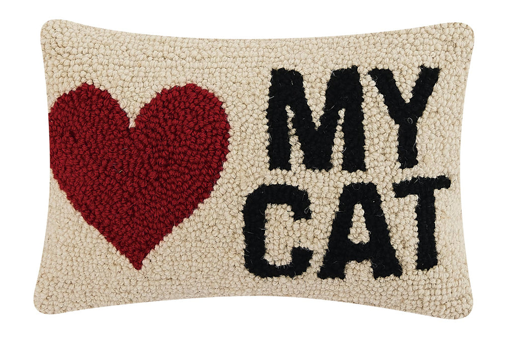 Hook pillow with red heart and bold black text reading “MY CAT” on a neutral cream background.