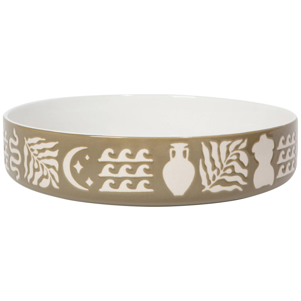 Artisan Stoneware Low Profile Bowl featuring intricate designs around the ring, perfect for dining or decor.