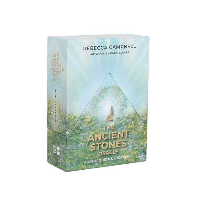 The Ancient Stones Oracle deck featuring serene green-blue packaging with glowing light, floral meadow, and sacred stone illustration.
