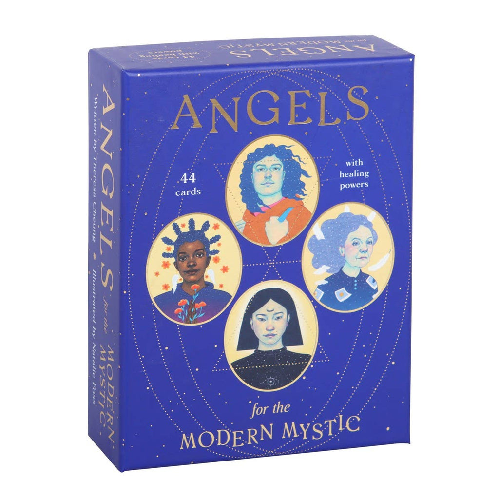 “Angels for the Modern Mystic” card deck box with 44 illustrated cards for healing and guidance.