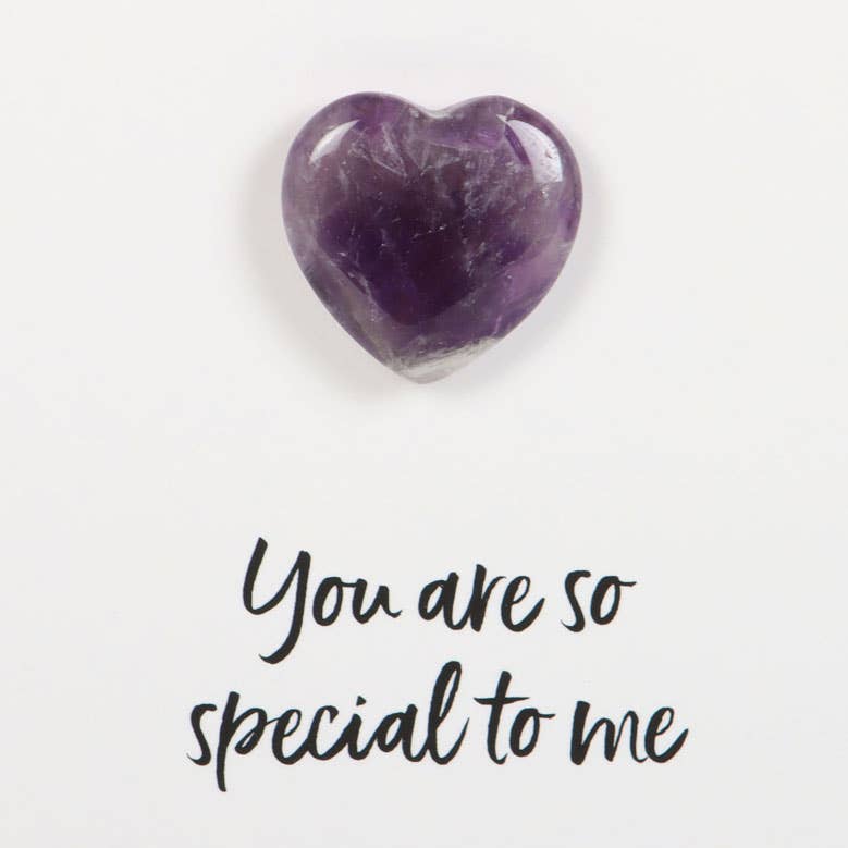 Amethyst Greeting Card with a natural amethyst heart and the message “You are so special to me.”