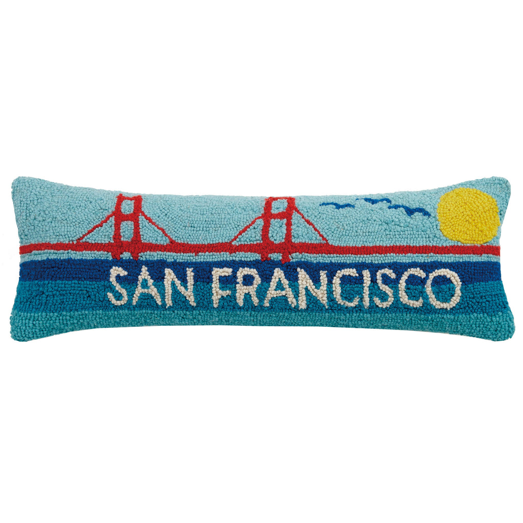 Hand-hooked pillow with the Golden Gate Bridge and "San Francisco" text design.