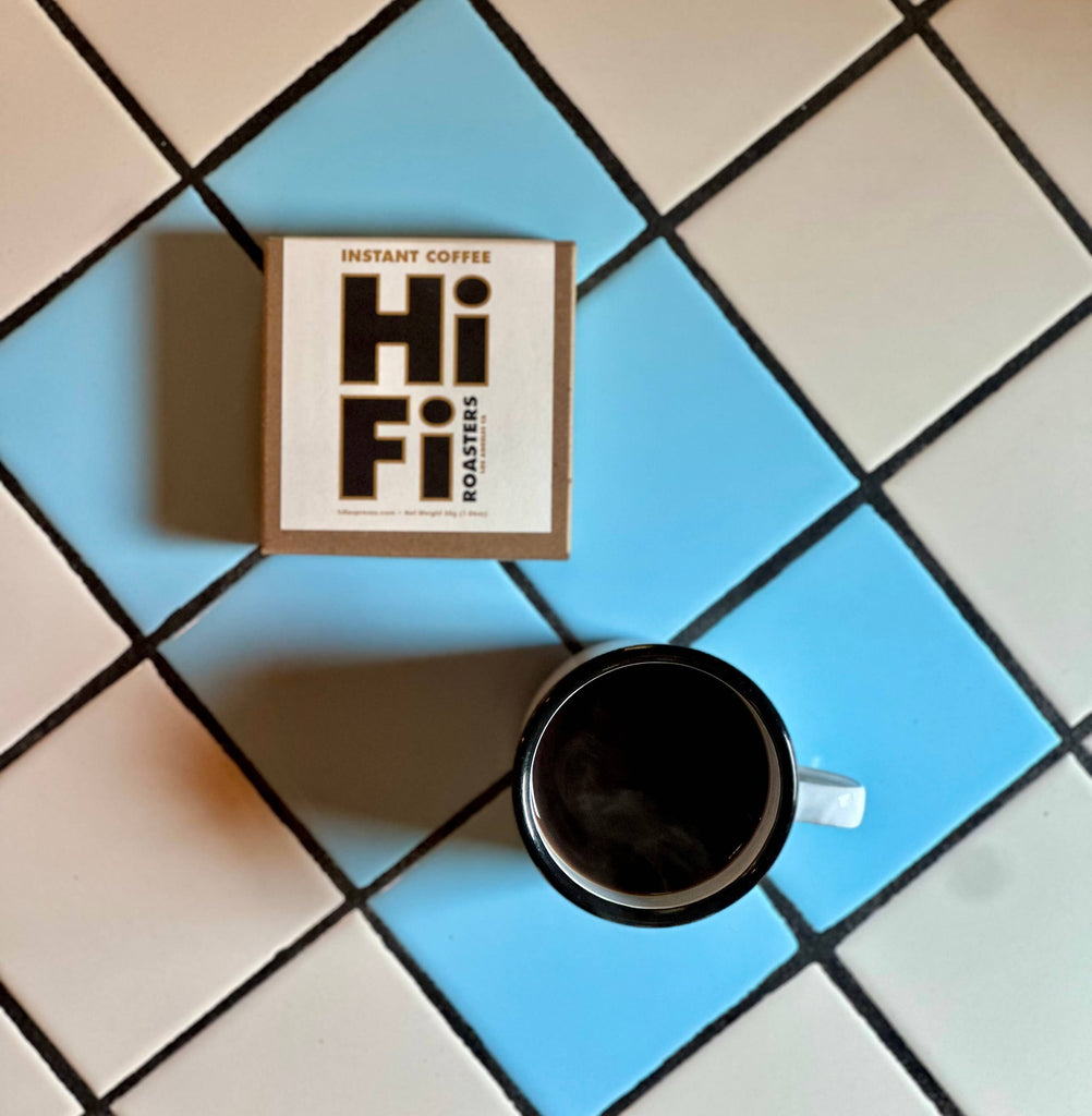 Hi-Fi Roasters Instant Coffee box featuring the "El Diamante" single-origin blend from Peru with 6 coffee packets.