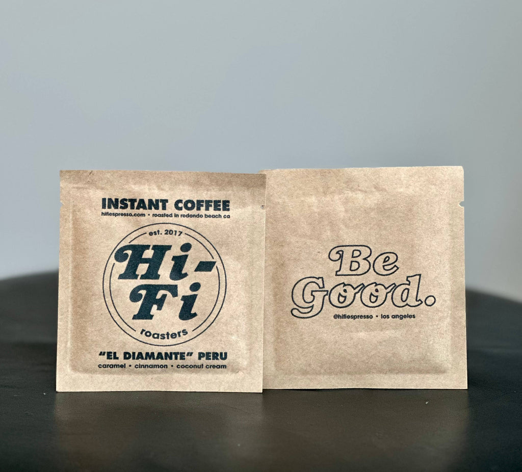 Hi-Fi Roasters Instant Coffee box featuring the "El Diamante" single-origin blend from Peru with 6 coffee packets.