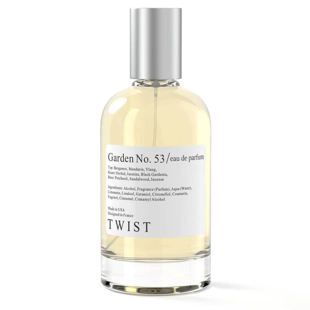 Bottle of Garden No. 53 Eau De Parfum, featuring gardenia, ylang-ylang, citrus, and patchouli notes for a luxurious and sensual fragrance.