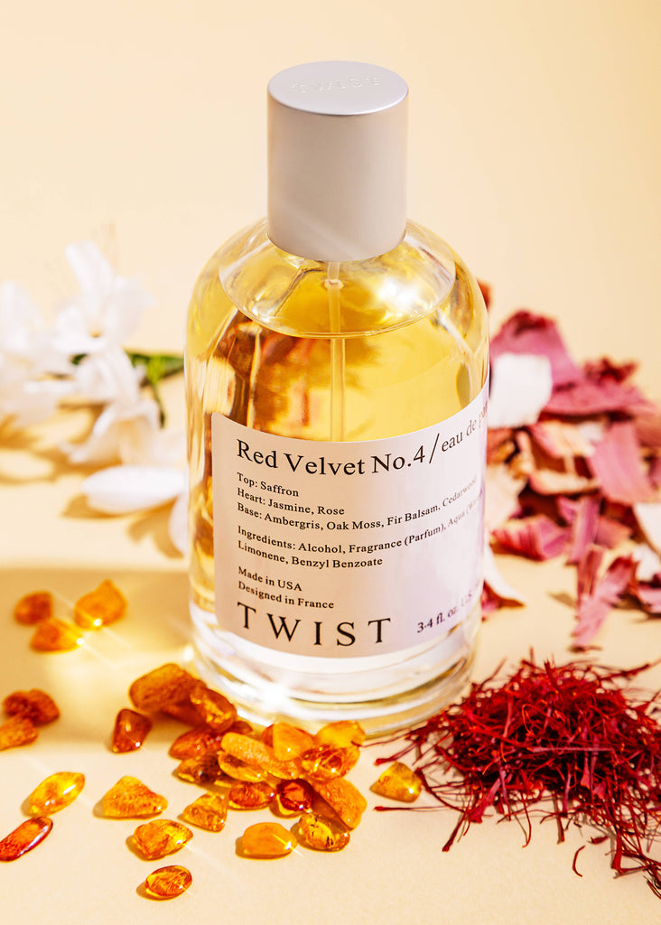 Bottle of Red Velvet No. 4 Eau De Parfum, featuring notes of saffron, jasmine, amber, and cedarwood for a luxurious and sophisticated fragrance.