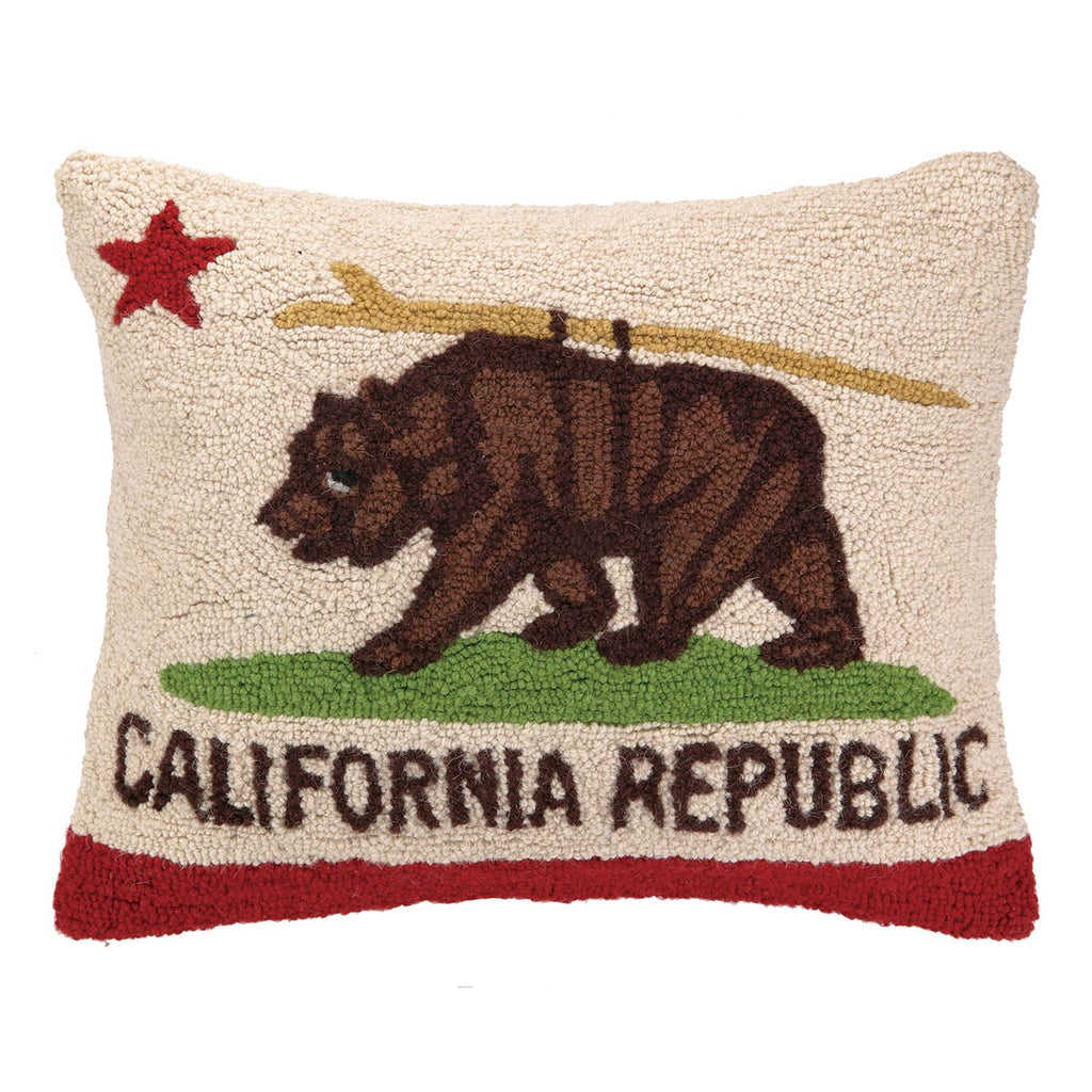 Hand-hooked pillow with the California Republic bear flag design.