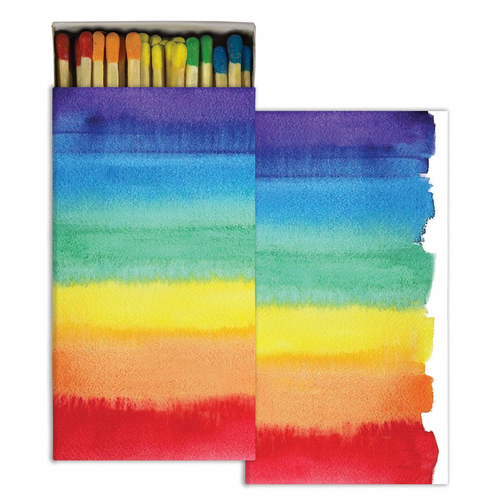 Matchbox featuring a vibrant rainbow watercolor gradient design.