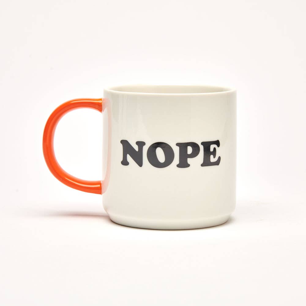 Ceramic mug with the bold text "NOPE" on a white background and a bright orange handle.