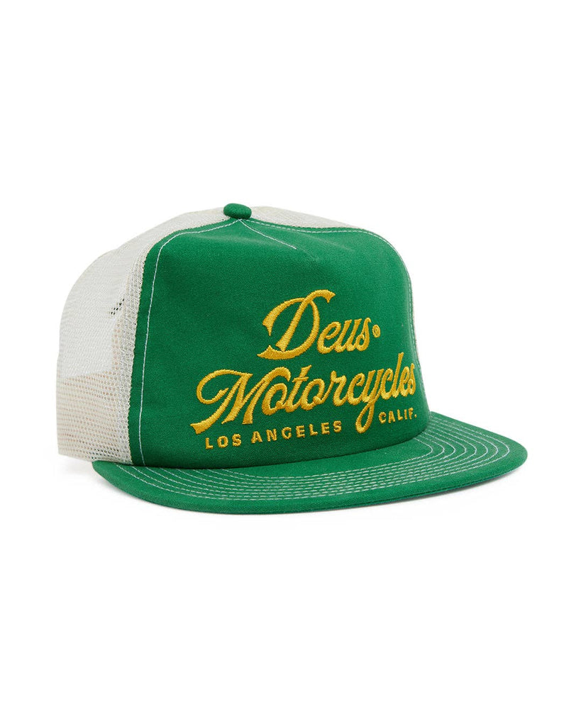 Green trucker cap with yellow embroidered "Deus Motorcycles" script, mesh back, and adjustable fit.