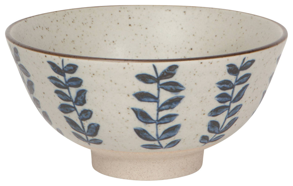 Handmade ceramic bowl with speckled glaze and blue leaf pattern, perfect for serving soups, cereals, or sides.