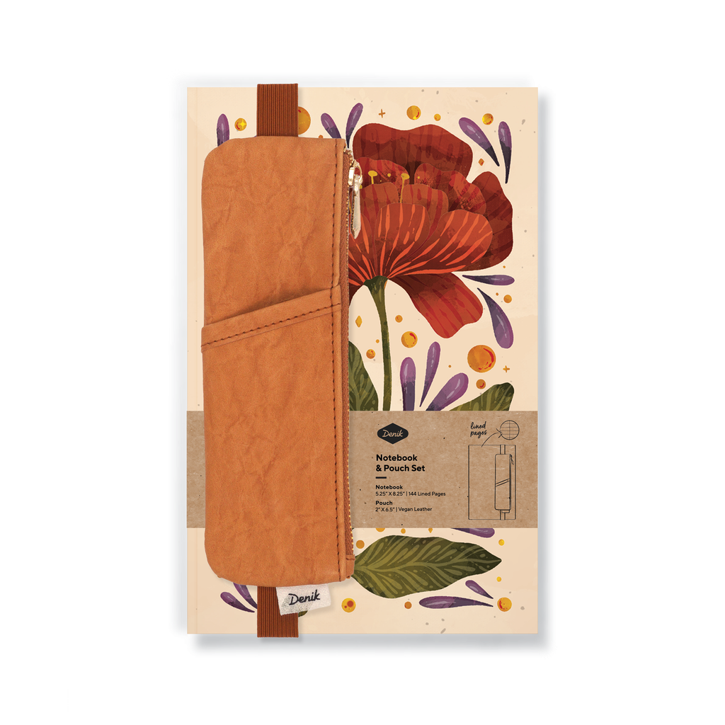 Notebook with a vibrant floral cover and a brown vegan leather pouch.