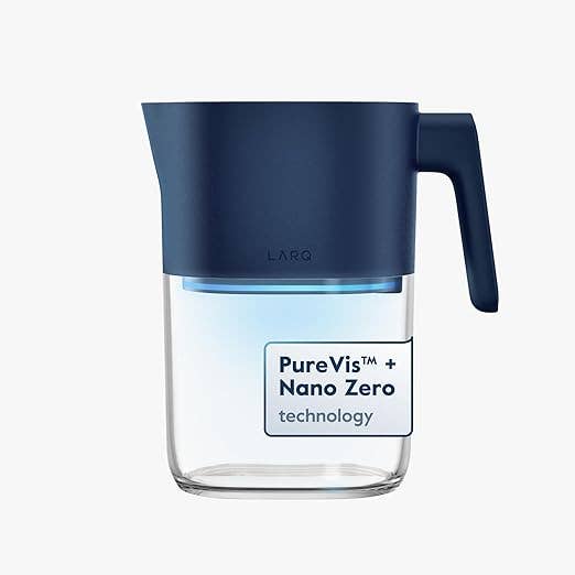 LARQ water pitcher in Monaco Blue with PureVis and Nano Zero technology for advanced filtration.