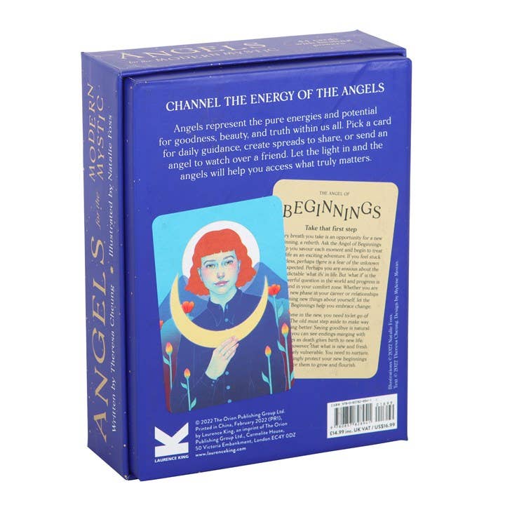 “Angels for the Modern Mystic” card deck box with 44 illustrated cards for healing and guidance.