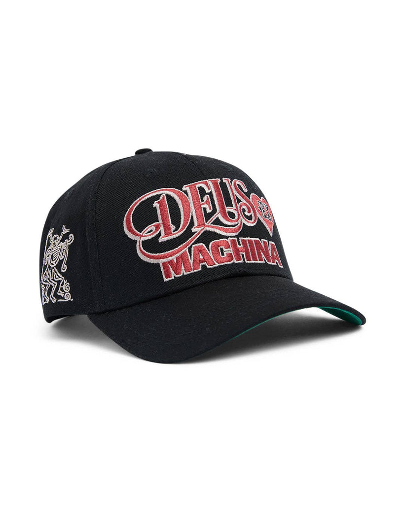 Black Deus Ex Machina cap with bold embroidered logo on the front and intricate side designs.