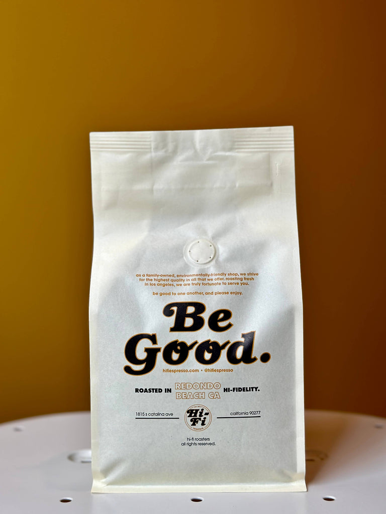 HiFi Roasters light/medium roast coffee bag, featuring bold black and gold logo on eco-friendly packaging, from the Uraga District of Guji, Ethiopia.