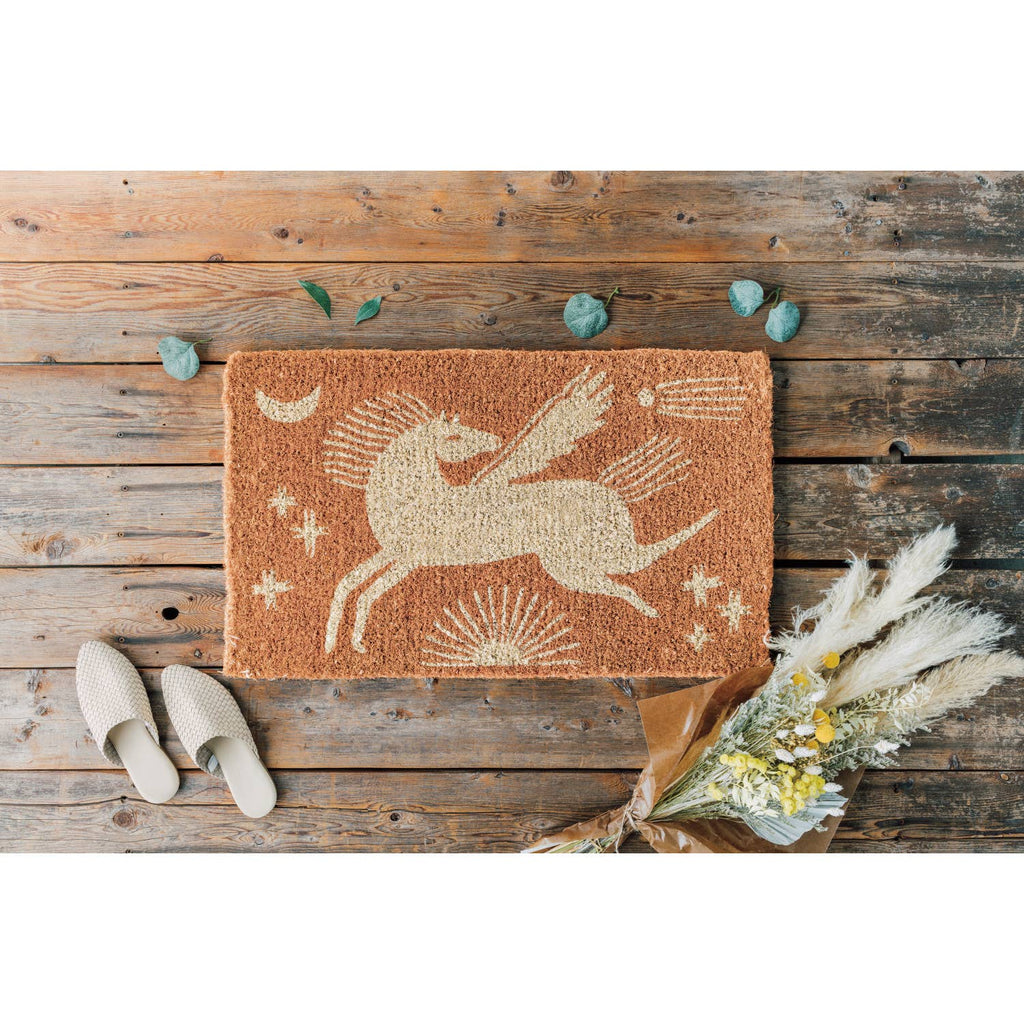 Astral Pegasus Coir Doormat featuring a mystical Pegasus design, made from eco-friendly coir fiber.