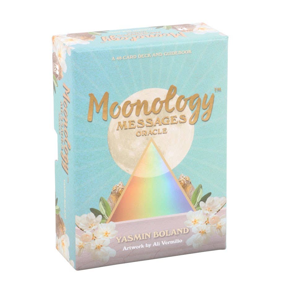 Moonology Messages Oracle deck in pastel aqua packaging with a glowing moon, rainbow prism, and white blossoms.