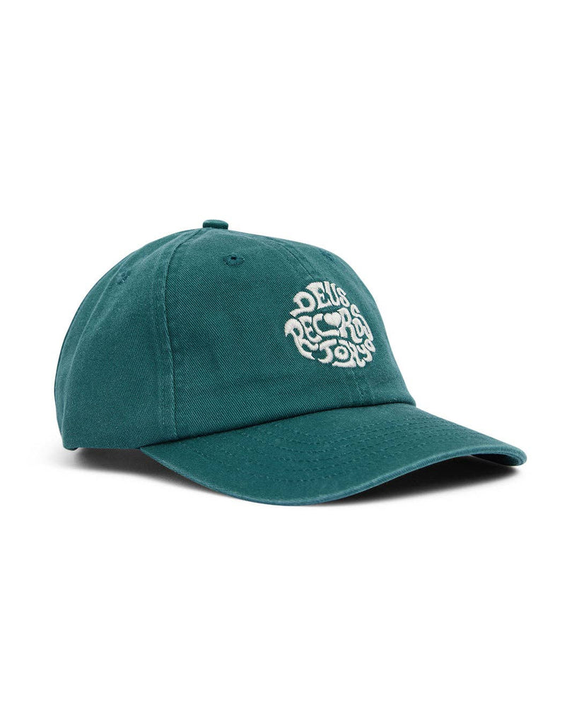 Green baseball cap with a white embroidered "DEUS Records & Joys" logo in a retro, wavy font.