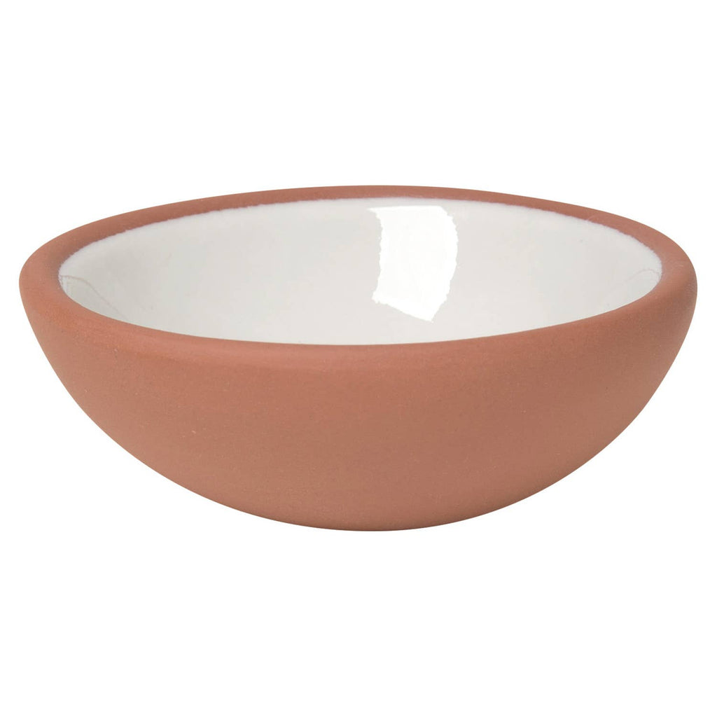 Set of six terracotta pinch bowls with contrasting glossy interiors in soft pastels and rich hues, perfect for holding spices, salt, or nuts.