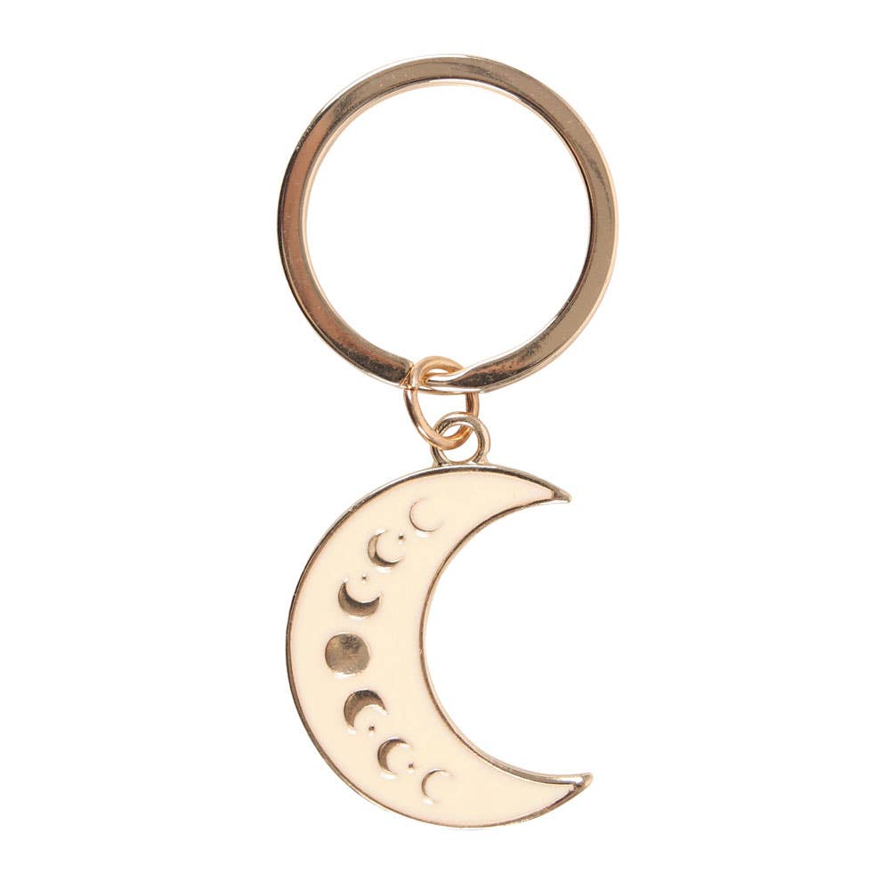 Moon phase crescent enamel keyring with gold-tone details.