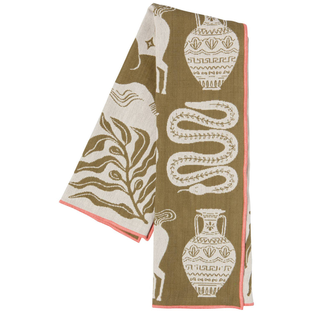 Olympus Imprint Double-Layer Dish Towel featuring intricate Greek-inspired motifs on an earthy background with a loose weave for quick drying.