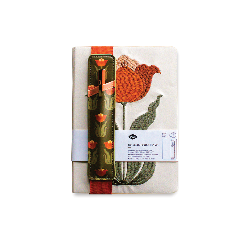 Embroidered tulip design notebook with a matching vegan leather pouch.