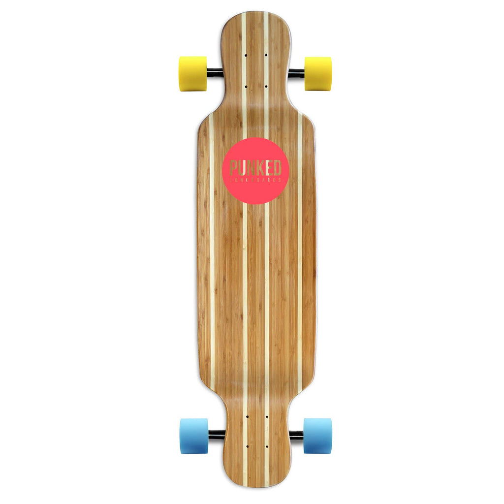 Sway Longboard with a natural wood finish and colorful graphics, equipped with high-quality wheels and trucks.