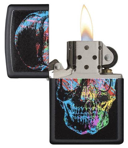 Black windproof lighter with a colorful skull design, refillable for lifetime use.