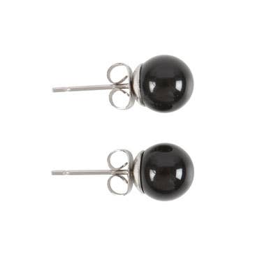 Pair of black agate crystal stud earrings with sterling silver posts and butterfly backs, displayed on a matching backing card.