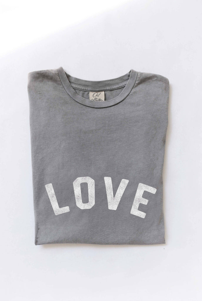 Ivory "LOVE" graphic t-shirt with bold red vintage-style lettering, made from soft cotton for a relaxed and comfortable fit.