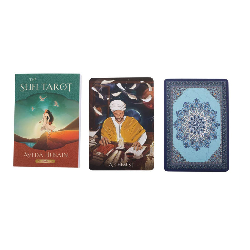 The Sufi Tarot card deck by Ayeda Husain, featuring 78 cards and a 174-page guidebook, illustrated by Hassaan Aftab and Momina Khan. Packaged in a matching sliding box.