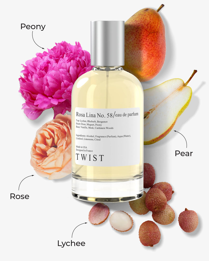 Bottle of Rosa Lina No. 58 Eau De Parfum, featuring a unique blend of roses, cashmeran, and rhubarb for a sweet, green, and creamy fragrance.