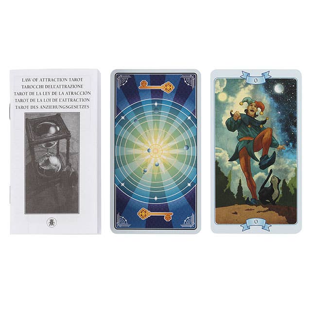 Law of Attraction Tarot card deck featuring 78 beautifully illustrated cards and a detailed instruction booklet.