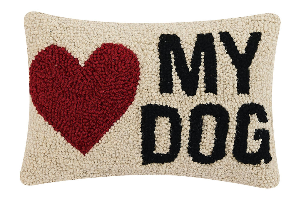 Hook pillow with red heart and black text reading “MY DOG” on a cream background.