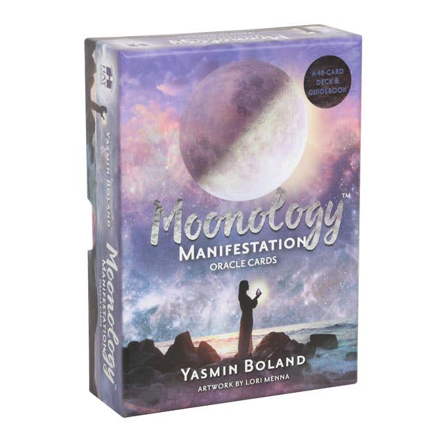 Moonology Manifestation Oracle Card Deck by Yasmin Boland with celestial artwork and moon imagery.