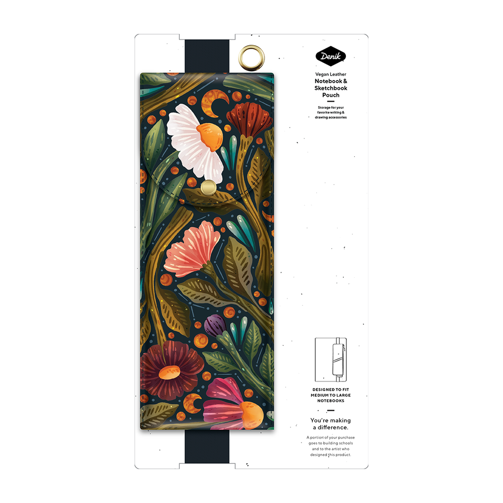 Midnight floral-designed vegan leather notebook and sketchbook pouch.
