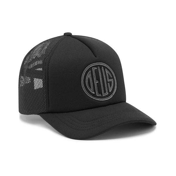 All-black mesh-back cap with a tonal embroidered circular DEUS logo on the front panel.