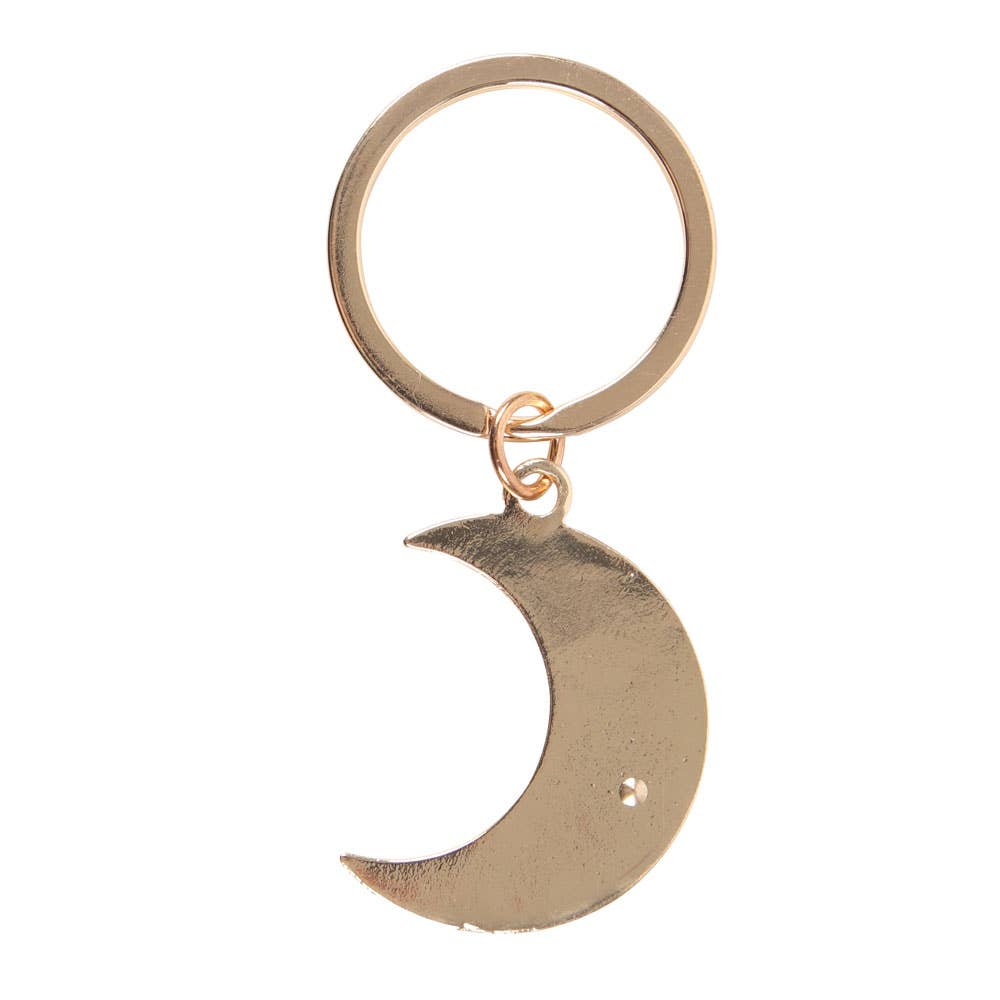 Moon phase crescent enamel keyring with gold-tone details.