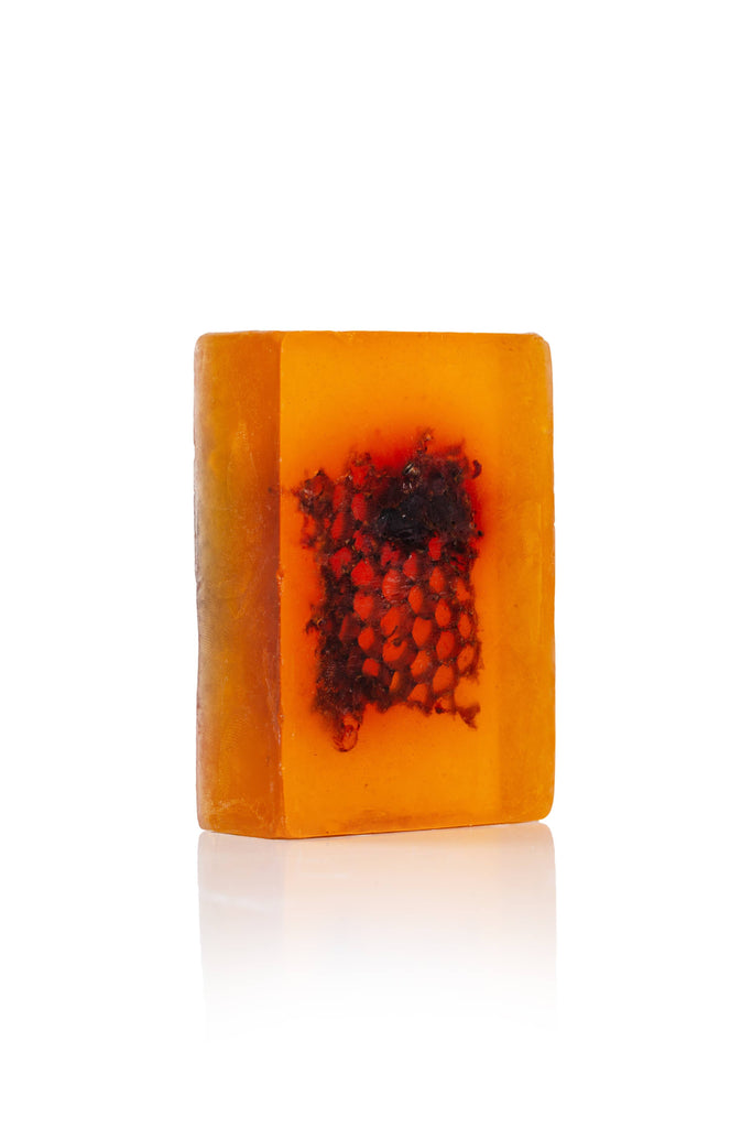 Honey and Honeycomb Soap Bar featuring real honeycomb and beeswax, handcrafted for nourishing and moisturizing the skin.