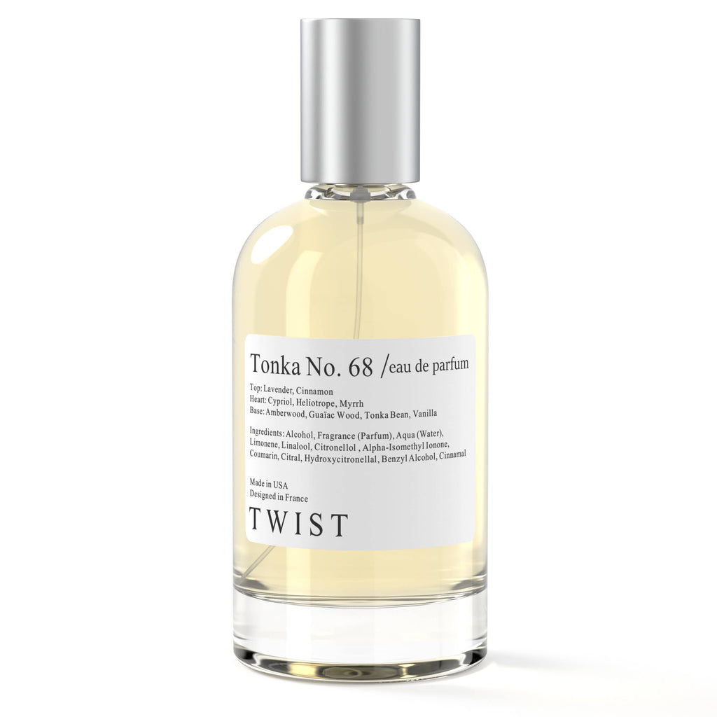 Bottle of Tonka No. 68 Eau De Parfum, featuring notes of vanilla, lavender, and a rich dry down of incense, myrrh, and tonka bean.