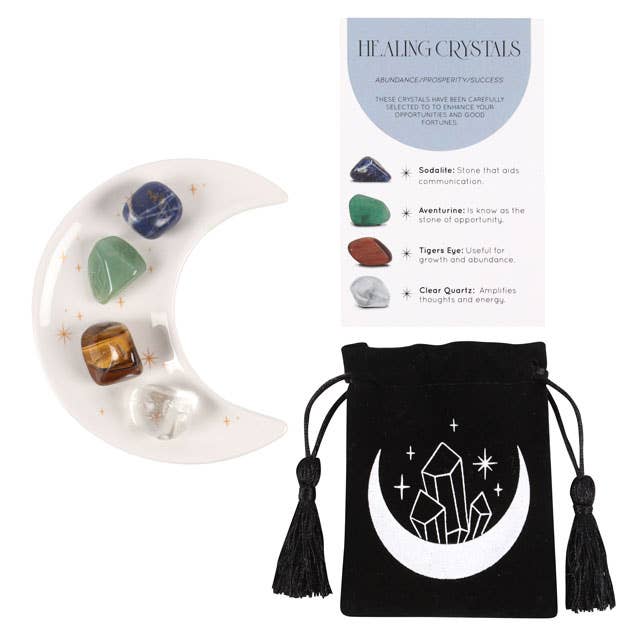 A success crystal set featuring a moon-shaped dish holding four stones (sodalite, aventurine, tiger’s eye, clear quartz), a black pouch with a crystal design, and a healing crystals information card.