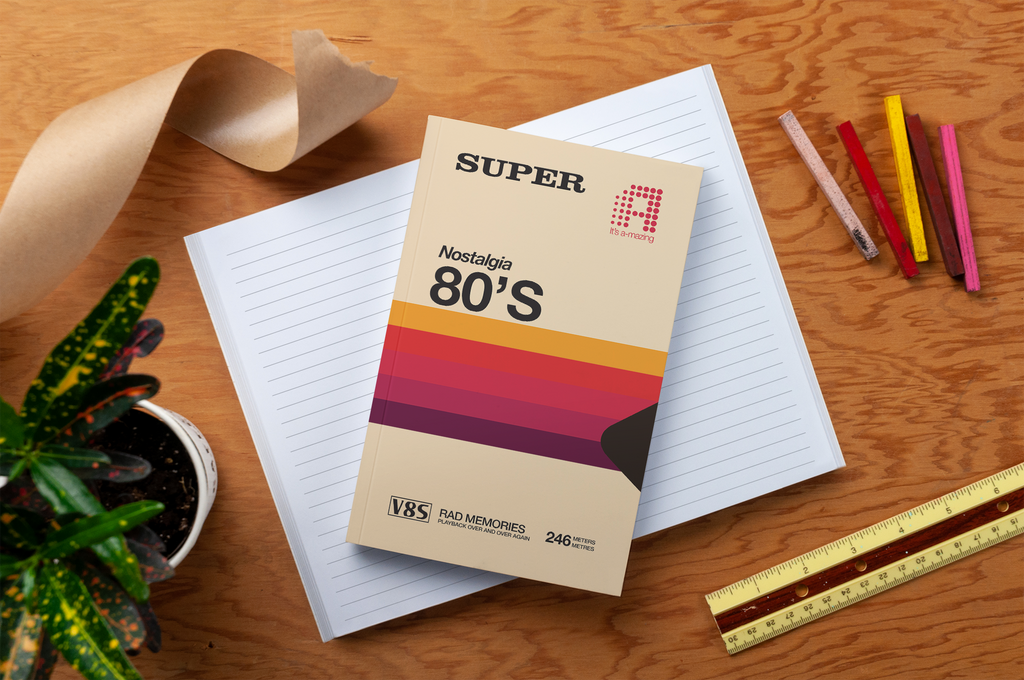 Supertape Classic Layflat Journal Notebook with 80's retro cassette tape design and 144 pages.