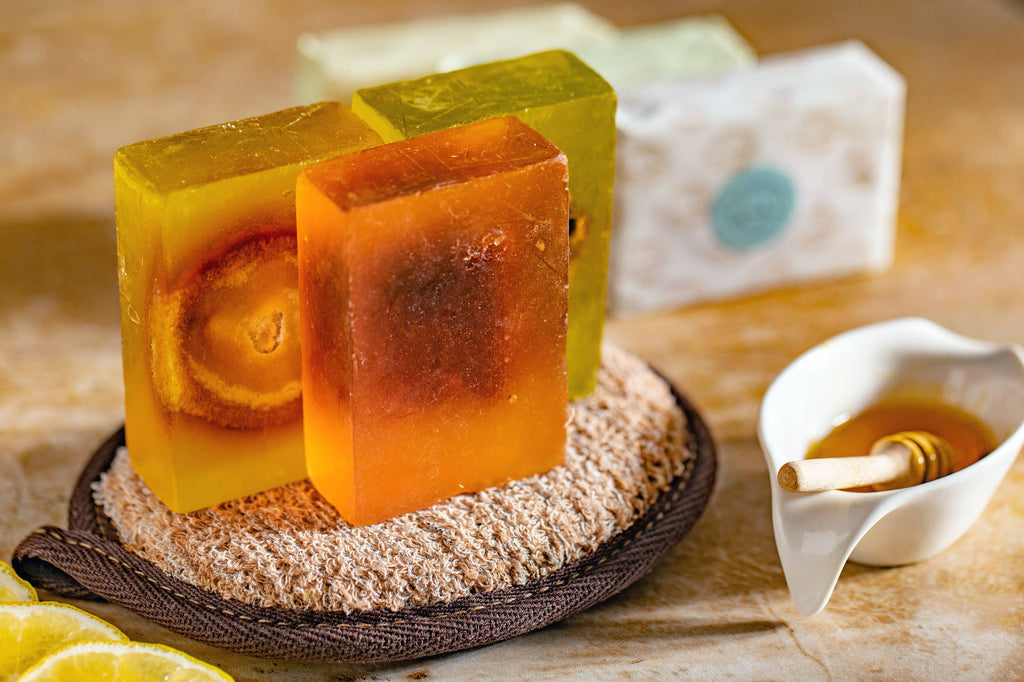 Honey and Honeycomb Soap Bar featuring real honeycomb and beeswax, handcrafted for nourishing and moisturizing the skin.